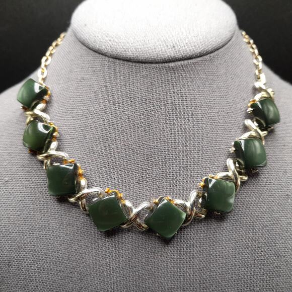 Vintage Dark Green Moonglow Choker Necklace, Gold Tone, 1950s Jewelry - Picture 1 of 11